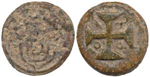 Diu, Tin 20 Bazarucos, 1800 AD, date at an angle within cross (KM 47). Very Fine, Scarce.