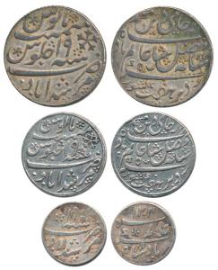 Murshidabad Mint, Set of 3, Silver Rupee, ½ and 1/4, in the name of Shah Alam II, frozen R