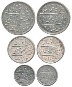 Surat Mint, Set of 3, Silver Rupee, ½ and ¼ in the name of Shah Alam II, AH 1215/46, Plain