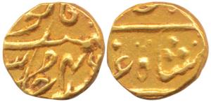 Gold Rupee or 1/15 Mohur, 0.78g, in the name of Shah Alam II, Surat Mint, RY 46, privy mar