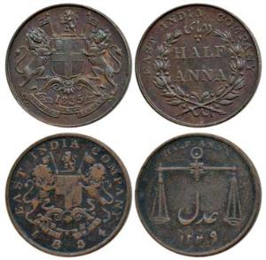 Copper ½ Anna (2), coat of arms of the EIC and date 1834 and 1835 on obv., scales and valu