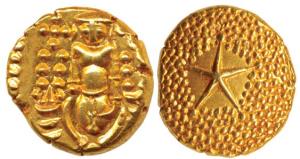 Star Pagoda, Gold 3.26g, single Swami (Balaji-Tirupati) standing, facing front on obv.; st