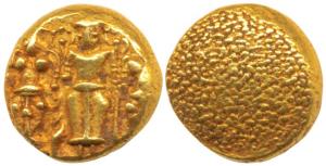 Gold 3 Swami Pagoda, 3.37 g, Tirupati Balaji in the centre, flanked by his wives Shri Devi