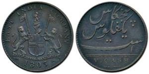 Copper 5 Cash, 3.1g, coat of arms of the EIC and date 1803 on obv., value in English on re