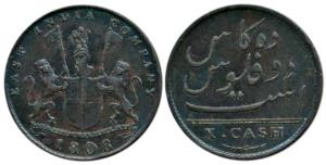 Copper 10 Cash, coat of arms of the EIC and date 1808 on obv., value in English on rev. (K