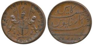 Copper 20 Cash, Error, coat of arms of the EIC and date 1808 on obv., value in English on 
