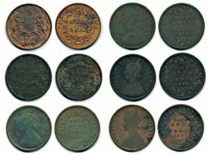 EIC, Victoria Queen / Empress, Copper ½ Anna (6), 1835, 1845, 1862, 1875, 1876 and 1877. F