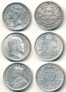 Silver 2 Annas (3), Queen Victoria, Divided Legend 1841; Edward VII, 1906; George V, 1912.