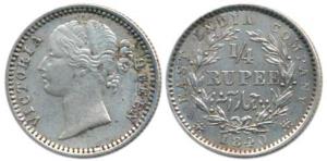 Victoria Queen, Silver ¼ Rupee, 1840, Madras Mint, divided legend, S incused. About Very F