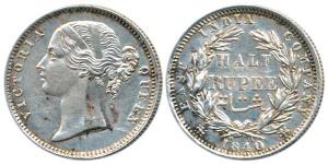 Victoria Queen, Silver ½ Rupee, 1840, divided legend, obv. WW incuse, rev. 24 Berries. Abo