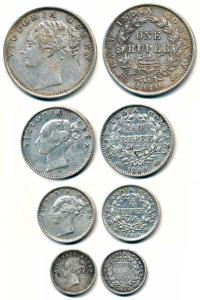 Victoria Queen, Silver set of 4, Rupee, 1/2, ¼ and 1/8, 1840, 1841, continuous legend. Fin