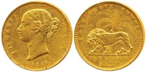 Victoria Queen, Gold Mohur, 1841, divided legend, WW incused on truncation (KM 462.1). Fin