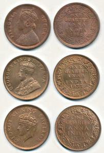 Copper ¼ Anna (3), Queen Victoria 1862; George V 1935; George VI, 1939. About Uncirculated