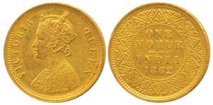 Victoria Queen, Gold Mohur, 1862, V in Jabbot (Prid 6). Slight edge nick otherwise Extreme