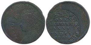 Victoria Empress, Copper ¼ Anna, 1901, Error, 30% off center. Fine.