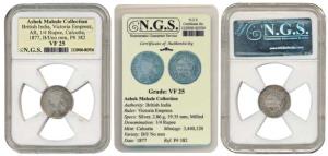 Victoria Empress, Silver ¼ Rupee, 1877, Calcutta Mint, B / I / no mint mark, (P 382). Slab