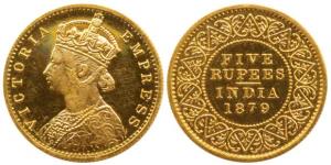 Victoria Empress, Gold Rupees 5, 1879, Mature Bust, Bombay Mint, (Prid 44). Proof Restrike
