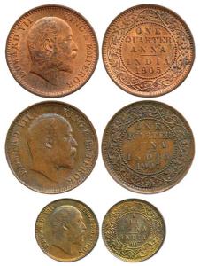 Edward, Copper ¼ Anna, 1905 and 1907; Copper 1/12 Anna, 1907. Very Fine+ to Uncirculated. 