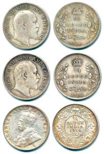 Edward VII, Silver ¼ Rupee, 1906 (2); George V, Silver ¼ Rupee, 1936. Fine+ to Very Fine(3