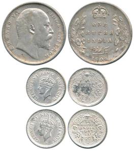 Edward VII, Silver Rupee, 1906, die crack on rev. on the date; George VI, Half, Silver ¼ R