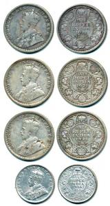 George V, Silver ½ Rupee (3), 1921, Calcutta Mint; ¼ Rupee, 1936, Bombay Mint. Fine+ to Ve
