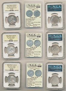 George V, Silver Rupee 1911, 1921, 1922. Slabbed in NGS holder graded as XF 40 and 45+. Ve