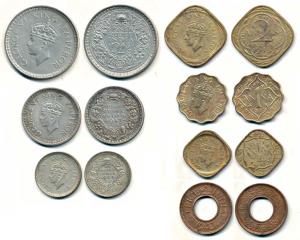 George VI, complete set of 7, Half Silver Rupee, 1/2, 1/4, 2 Annas, Anna, ½ Anna and 1 Pic