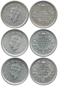 George VI, Half Silver Rupee (3), 1944, Error, die rotation of 110 degrees; 1944 and 1945,