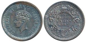 George VI, Half Silver Rupee, 1945, Bombay Mint, Large 5. Nice deep toning, About Extremel