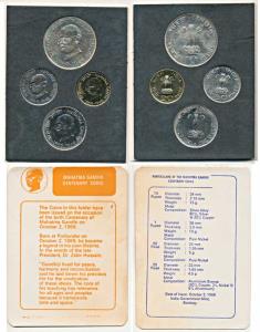 1969 Uncirculated Set, Gandhiji Birth Centennial, set of 4, 20 Paise to Rupees 10. In imma