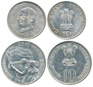 Silver Rupees 10 (2), 1969, Gandhiji Birth Centennial; 1972, 25th Anniversary Indian Indep