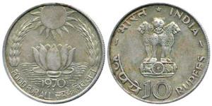 Silver Rupees 10, 1970, Bombay Mint, Food For All. Extremely Fine.