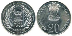 Silver Rupees 20, 1973, Grow More Food (KM 629). Uncirculated in Mint state, in original p
