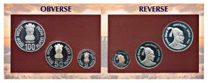 1999 Proof Set, Chhatrapati Shivaji, set of 3, Rupees 2 to 100. In immaculate condition, w