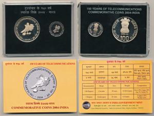 2004 Special Proof Set, 150 Years of Telecommunications, set of 2, Rupees 2 and 100. In im
