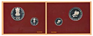 2004 Proof Set, 150 Years of Telecommunications, set of 2, Rupees 2 and 100. In immaculate