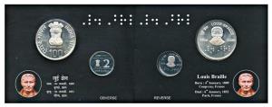 2009 Proof Set, 200th Birth Anniversary of Louis Braille, set of 2, Rupees 2 and 100. In i