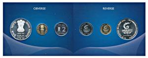 2010 Proof Set, XIX Commonwealth Games Delhi, set of 3, Rupees 2 to Rupees 100. In immacul