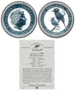 Australia, Queen Elizabeth II, Silver 1 Kilo Kookaburra, $ 30, 1999, Kookaburra birds on r