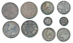 Canada, Silver 50 Cents (2), Edward 1910 and George V 1917; Silver 25 Cents (2), 1919 and 