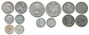 Ceylon, Silver 50 Cents (2), George V 1919 and George VI 1942; Canada, Silver (5), 50, 25 