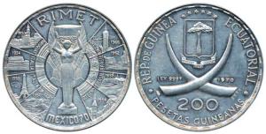 Equatorial Guinea, Silver 200 Pesetas, 40g, World Soccer Championship in Mexico, crossed t