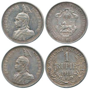 German East Africa, Silver Rupee (2), Wihelm II, two different varieties, 1892and 1911 J. 