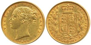 Great Britain, Victoria, Shield Sovereign, 8g, Shield on rev., 1852. About Extremely Fine,