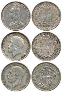 Great Britain, Silver ½ Crown (3), Queen Victoria 1889, George V, 1917 and 1928. About Ver