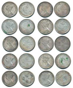 Hong Kong, Queen Victoria, Silver 5 Cents, assorted dates. Fine to Fine+. (10)