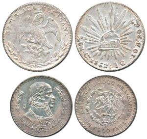 Mexico, Silver (2) 8 Reales, 1862 CA JC, Chihuahua Mint; Peso, 1963 (KM 377.2 & 459). Very