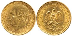 Mexico, Gold Dos (Two) Pesos, 1.66g, eagle holding a snake in its beak, 1945 (KM 463). Abo