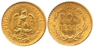 Mexico, Gold Dos (Two) Pesos, 1.66g, eagle holding a snake in its beak, 1945 (KM 461). Abo