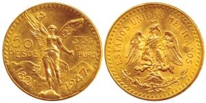 Mexico, Gold 50 Pesos, 41.61g, 1947, obv. Centennial of Independence, rev. winged Victory 